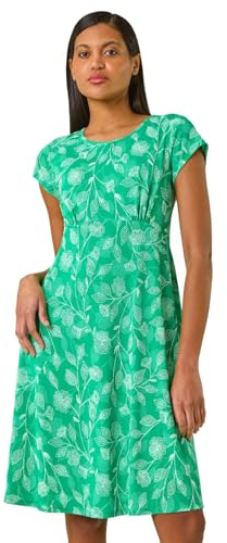 Roman Originals Women Gathered Chest Dress Ladies Stretchy Fit & Flare Swing Tea A Line Skater Waist Ruched Knee Length Midi Smart Casual Work Going Out Party - Floral Green - Size 18