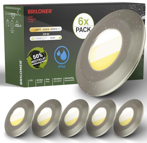 BRILONER - 6er Set LED Bad Einbaustrahler 230V Gehäuse 50% recycelt, Farbtemperaturwechsel, IP44, Ra90, LED Spot, flach, Deckenspots, Einbauleuchten, Badezimmer, 90x30mm (DxH), Nickel-Matt