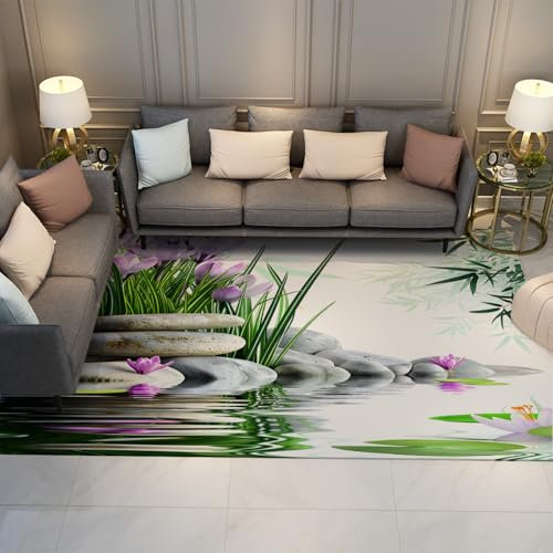 UERWOWELL Dekorativer Teppich aus Natursteinen und Orchideendruck Wasser Ripple Print Anti-Rutsch, Leichter leicht zu reinigender Teppich für die Inneneinrichtung 200x300cm