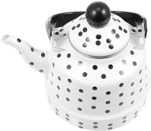 Tetera de Esmalte para Hornilla con Estampado de Lunares, Tetera Vintage con Asa Plegable de Acero, Sin Silbido(Blanco,1.7L)