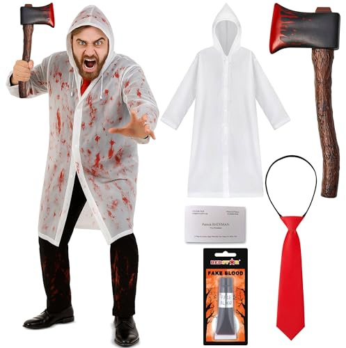 5pc Adults Psycho Costume for Mens Halloween Costumes - Clear Rain Coat, Fake Blood, Fake Axe, Red Tie & Business Card - Psycho American Film Serial Killer Outfit - Mens Adult Halloween Fancy Dress