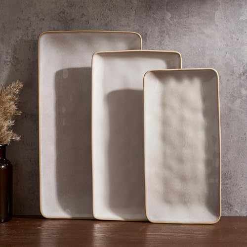 Richmount Ocean Serving Platter, Rectangular 15.59/14.3/12.9 inch Serving Dishes for Entertaining, Serving Bowls, Microwave Safe, Stoneware Serving Trays for Party, Turkey, Cheese, Cappuccino White
