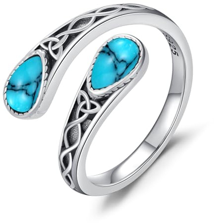 KQ&TTENG Turquoise Ring for women Celtic Knot Rings 925 Sterling Silver Adjustable Spoon Ring Irish Jewelry Gift for Christmas Halloween.