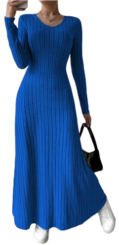 Damen Winterkleid Lang Elegant Strickkleid Damen Winter Curvy A Linie Warm Pulloverkleid Winter V Ausschnitt Geripptes Kleid Langarm Herbstkleid Maxi Strickkleider Kleider Oben Eng Unten Locker