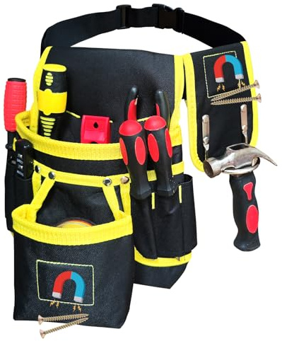 Sneulletoys Tool Belt Pouch for Men, 13 Pockets and 1 Hammer Holder | Heavy Duty Tool Pouch Belt, Detachable Adjustable Magnetic Professional Work Belt for Electricians, Carpenters, Builders