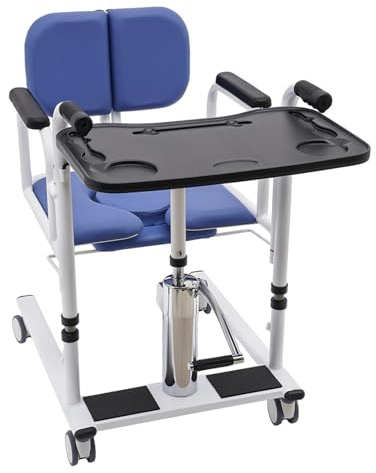 Multifunktionale Hydraulischer Patientenlifter für Senioren mit 180° Rückenlehne, höhe verstellbar 30.2-46.2 cm, 360° Mobile Transferstuhl bis 150kg Patientenlift für Zuhause, Pflegeheime (Blau)