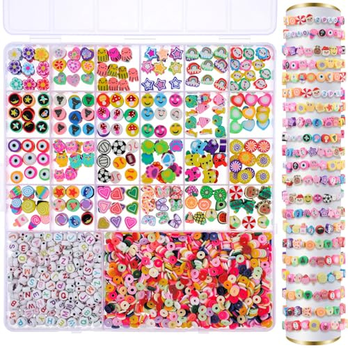 2480 pcs Perlen zum Auffädeln 26 Stile Perlen für Armbänder | Enthalten Weiß Buchstabenperlen Polymerton-Blätter in Rosatönen für DIY Armbänder Halsketten Handwerk Mädchen Kinder
