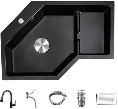 Fregadero Esquina 1 Seno, Fregadero Negro, Material de Piedra de Cuarzo, con Grifo Extraíble y Desagüe, Ideal para Hogares, Restaurantes y Bares
