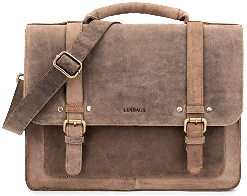 LEABAGS Porte-documents en cuir véritable pour homme et femme - Sac pour ordinateur portable jusqu'à 14 - Sac à bandoulière avec bandoulière - Sac messager - Sac de travail - Sac d'enseignant, Marron