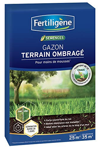 FERTILIGENE OMBR25 - Semences Gazon Terrain Ombragé 875 g - Premières pousses en 1 semaine - Limite les mousses et résiste aux maladies - Zones à faible ensoleillement (sous les arbres) - Pour 200 m²
