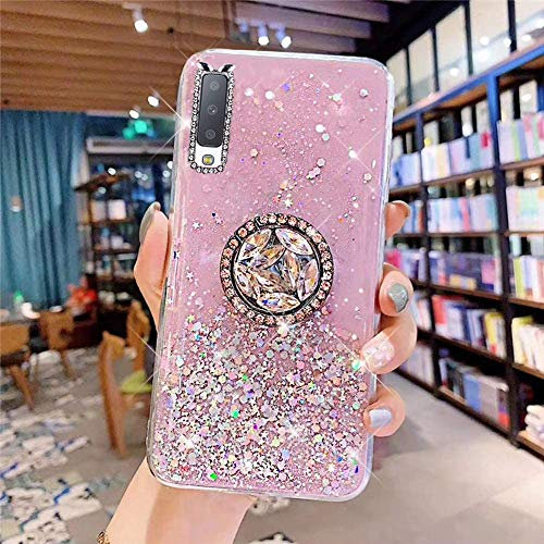 Kompatibel mit Samsung Galaxy A7 2018 Hülle mit Diamant Ring Ständer,Handyhülle Galaxy A7 2018 Glänzend Bling Glitzer Stern Transparent Silikon Hülle TPU Schutzhülle Case Tasche,Rosa