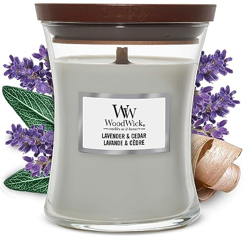 WoodWick mittelgroße Duftkerze im Sanduhrglas mit knisterndem Docht | Lavender & Cedar | Brenndauer bis zu 60 Stunden