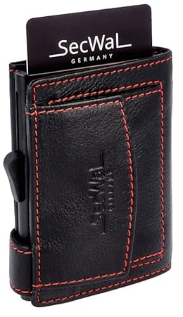 SecWal Kartenetui mit Münzfach Druckknopf inkl. Geschenkbox - Made in Germany - Echtleder Mini Geldbörse inkl. E-Book für Damen und Herren - RFID Schutz Geldbeutel klein (Schwarz-Rot)