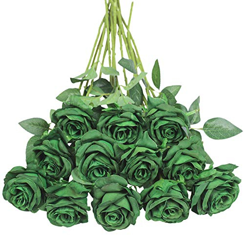 Tifuly 12 PCS Artificial Roses, 19.68'' Single Long Stem Fake Rose Silk Bridal Wedding Bouquet Realistic Flower for Home Garden Party Hotel Office Decor(Blossom Roses,Vintage Green)