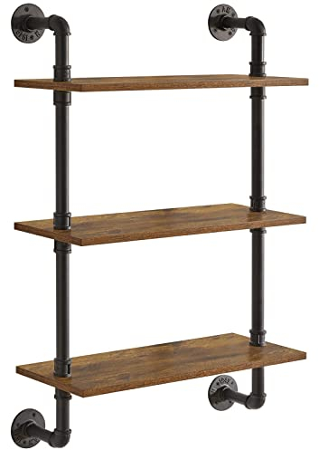 YMYNY Wandregal, 3-stöckiges Schweberegal Holz Wandboard im Retro-Industrie Design, 60 cm, stabil, Metallrahmen, Standregal Wanddeko, für Wohnzimmer Küche Badezimmer HD-HRF-TM003