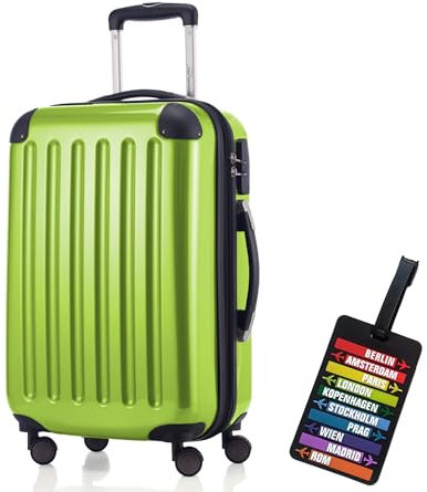 Hauptstadtkoffer - Alex Handgepäck Kabinentrolley Bordgepäck Hartschalen-Koffer, sehr leicht, Zahlenschloss, 55 cm, 42L, Apfelgrün + Design Kofferanhänger