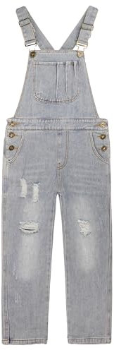 KIDSCOOL SPACE Salopette di jeans per bambina, abbigliamento da lavoro in jeans strappati da bambino grande, grigio chiaro, 12-13 anni