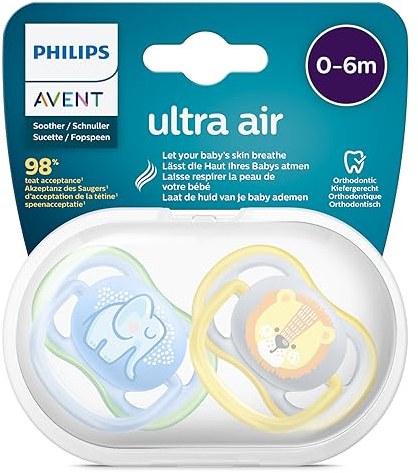 Philips Avent Ultra Air SCF085/01 - Ciuccio traspirante, adatto al pino, senza BPA, 0-6 mesi, confezione da 2, colore: Blu/Giallo