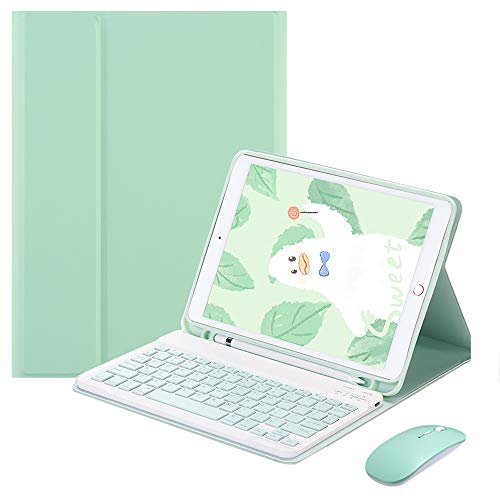 QYiiD Funda con Teclado de Español Ñ para iPad Mini 5/ Mini 4, Funda de cuero delgado con desmontable inalámbrico bluetooth teclado + ratón para iPad Mini 5 2019(5th Gen)/ iPad Mini 4 2015, Verde