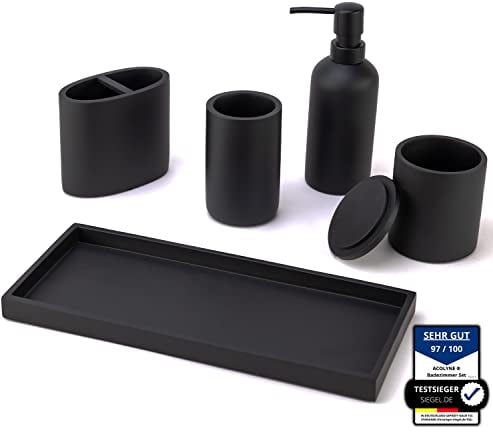 𝐀𝐜𝐨𝐥𝐲𝐧𝐞® Premium 5-teiliges Badezimmer Set aus [Hochwertigem Harz] als Bad Accessoires | Seifenspender oder Organizer | Zahnputzbecher | Zubehör