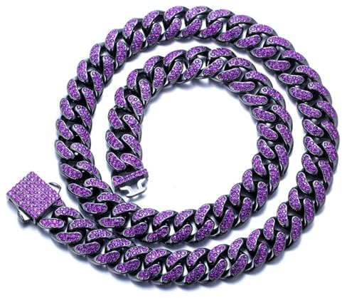 HALUKAKAH Collana a Maglie Cubane con Diamanti per Uomo - Ametista Viola Incastonata a Mano - Placcato Rodio Nero - Larghezza 13mm Lunghezza 50cm - Con Scatola Regalo