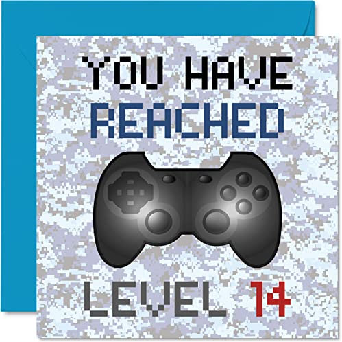 Geburtstagskarte zum 14. Gamer – You Have Reached Level 14 – Jungen-Geburtstagskarten, Teenager-Spiele, Geburtstagsgrußkarten, Videospiel, Gaming, Tochter, Sohn, Kinder, Enkelin, 145 mm x 145 mm