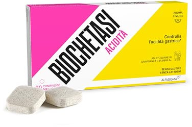 BIOCHETASI Acidità, Integratore Alimentare per Aiuto contro Pesantezza, Gonfiore e Acidità di Stomaco, Senza Glutine e Lattosio, 20 Compresse Masticabili Gusto Limone,
