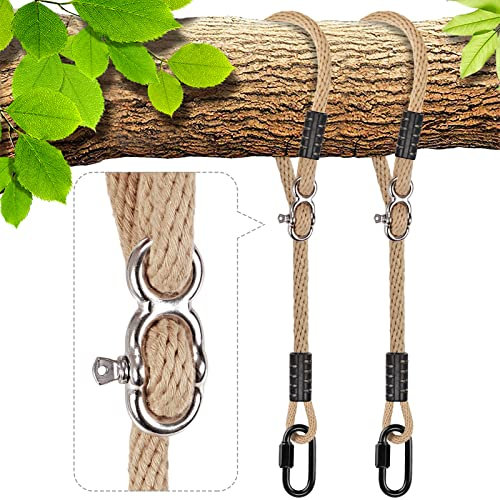 BeneLabel 2pcs Sangles de Hamac, 200cm Corde de Balançoire Réglable Arbre Suspension Materiel en Polyester Fauteuil Suspendu Fixation Kit avec Mousqueton, Jusqu'à 1000lbs, 10mm de Diamètre, Naturel