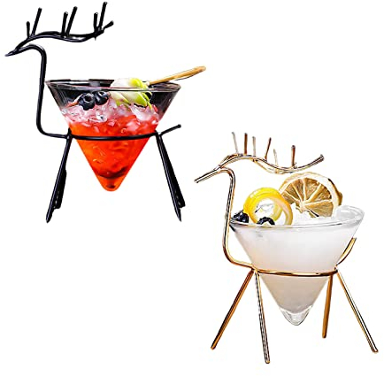 MISNODE Cocktailgläser Set mit 2 einzigartigen Martini-Gläsern, 142 ml, kreative Cocktailgläser mit Metall-Rehkitz-Ständer, stielloses Kristallglas, Schwarz und Gold