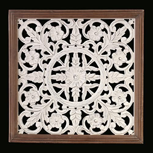 Gall&Zick Wandornament aus Holz, Wanddeko handgeschnitzt im Shabby Chic Look, 60cm x 60cm, Wandbild zum hängen, orientalisch, Wandpaneele holz Mandala (CL-3012)