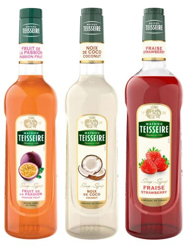 Les sirops pour cocktails TEISSEIRE - Fruit de la passion 1L, Noix de coco 70cL, Fraise 1L