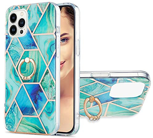 iPhone 14 Pro Max Marble Case with Ring Holder Stand, [Anti-Yellow] Silicone Cover Ultra Slim Fit Flexible TPU Shockproof Protective Phone Case for iPhone 14 Pro Max Case Girls Green