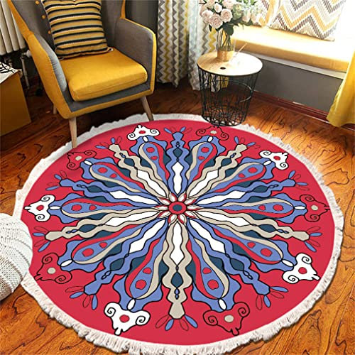 Tomifine Mandala Rund Teppich Quasten, Böhmen Handgewebte Baumwolle Teppiche für Schlafzimmer Wohnzimmer Hausdekor (120 cm,Rot Grau)
