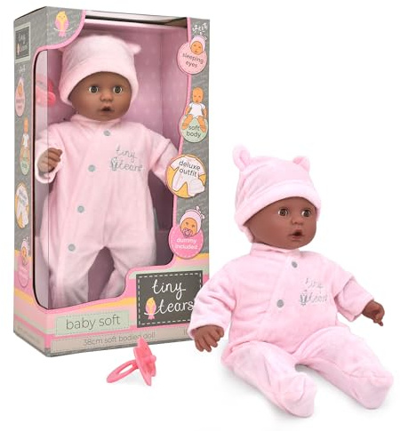 John Adams Tiny Tears Baby Soft Doll 15 (38 cm) - Black/Dark Skin | Soft Bodied Baby with Closing Eyes & Dummy | Deluxe Pink Outfit | Cuddly First Doll Set | Toy for Toddlers Age 10 Months+