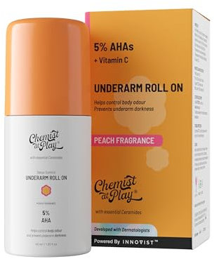 Chemist at Play UnderArm Roll-On Deodorant with 5% AHA, Lactic Acid & 1% Mandelic Acid Prevents Body Odour, Brightens Skin & Exfoliates Underarm for Sensitive Skin Peach Fragrance (40 ml)