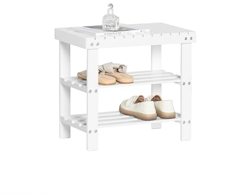 SoBuy Étagère à Chaussures en Bambou Blanc 50x46x29cm pour entrée | Banc de chaussures en bambou laqué blanc, 2 ans de garantie, protections sol, charge 90kg FSR02-K-W