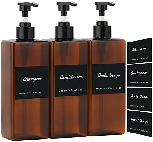 Segus Seifenspender, Pumpflasche 500ml, Shampoo Flaschen zum Befüllen, Soap Dispenser 3 Stück, Seifenspender Set mit Separater Wasserdichter Aufkleber, Badaccessoires (Bernstein)