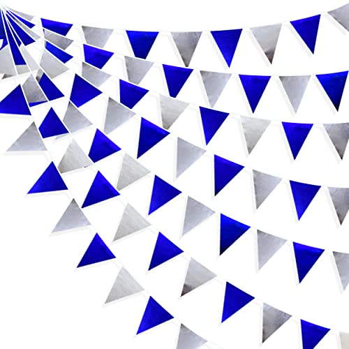 32Ft Silver Blue Fabric Triangle Banner Flag Double Sided Metallic Holographic Pennant Bunting Garland for Birthday Wedding Bridal Baby Shower Valentines Nautical Ahoy Anchor Pirate Party Decorations