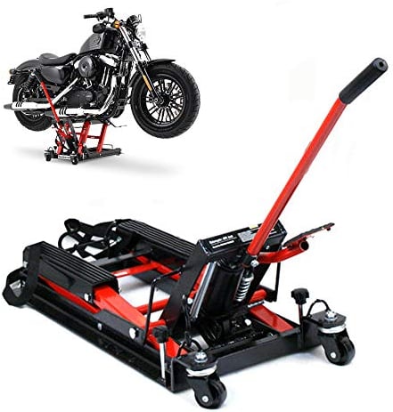 Motorradhebebühne, Motorradheber hydraulisch, bis 680 Kg belastbar, gummierte Trageflächen, einfache Bedienung, Montagebock Klapp Hebebühne Plattform (Rot)