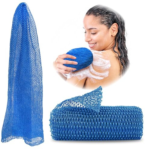 Adeton African Net Sponge, Exfoliating Body Scrubber, Body Exfoliator, Long Net Sponge, 17 Colors, Sapo, Shower Bath Accessories, Back Foot Scalp Scrub, Flat Dead Skin Remover Body Wash (Sky Blue)