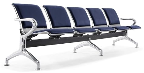 FBasic 5er-Stahlbank 299x71x78H Silber für Wartezimmer | Mit Navy Blue 119 | Sitz- und Rückenkissen Bank mit Armlehnen
