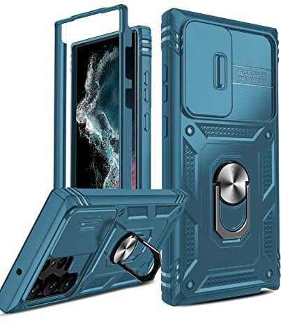 LeYi for Samsung Galaxy S23 Ultra Case with Camera Cover Slider(Not include screen protector), Front Frame+Back Case, Armour Military Grade Shockproof Phone Cover | Ring Stand Holder | Blue