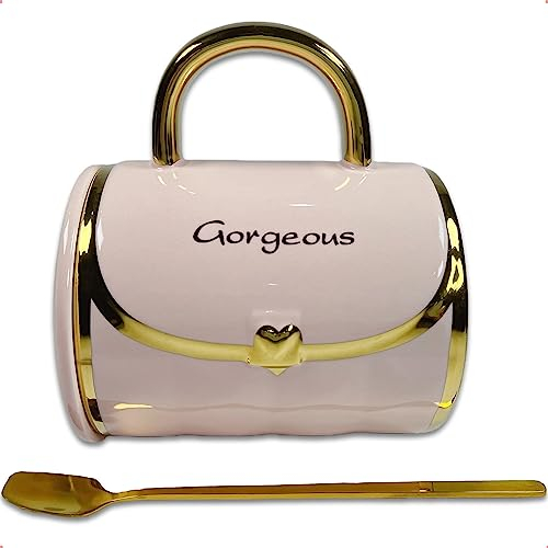 SISETOP Tazas de café en forma de cartera, 400 ml bolso capuchino tazas de café grandes con tapa y cuchara, taza de té de cerámica para,Acción de Gracias, aniversario, inauguración de la casa, rosa