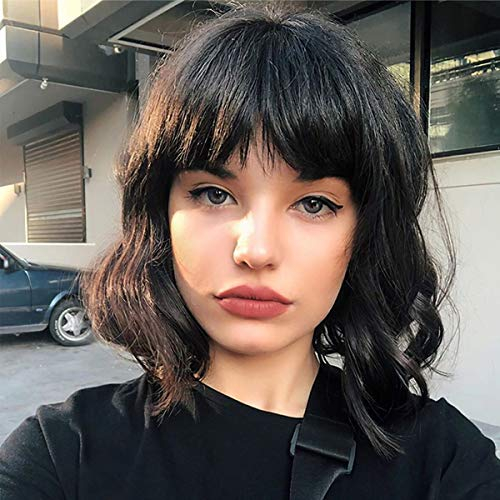 PARXITN Kurze Bob Perücke mit Pony Natürliches Schwarz Perücke Synthetisches Haar Bunt Täglich Party Halloween Cosplay Gewellte Lockige Perücken für Frauen