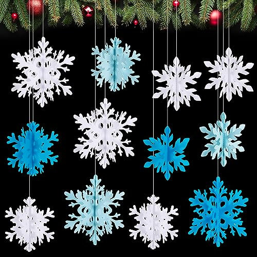 Becellen 12 Stücke 3D Schneeflocken Deko Weihnachten, Christbaumschmuck Blau Papier Schneeflocke Weiß Hängende Dekorationen für Weihnachtsbaum