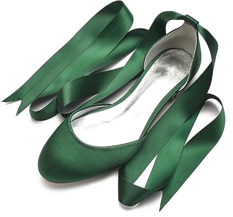 WeFloHsL Womens Round Toe Ballet Flats Pumps Satin Ribbon Tie Lace-Up Dolly Bridal Wedding Shoes 5049-62,Green,5.5 UK