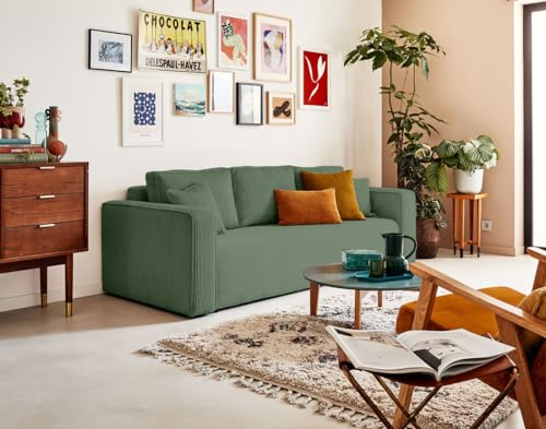 Bestmobilier Topaze - 3-Sitzer Sofa - schlaffunktion und bettkasten - aus Cord Salbeigrün