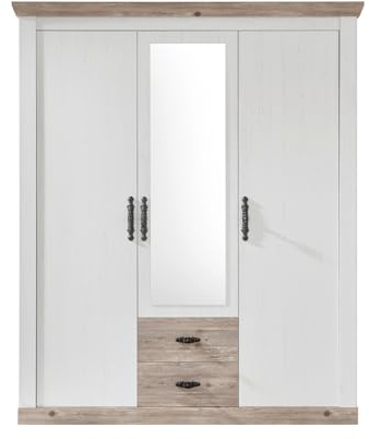 Furn.Design Kleiderschrank in weiß Pinie und Oslo Pinie Landhaus Drehtürenschrank 3-türig mit Spiegel Schlafzimmer Schrank 169 x 201 cm Rovola (Kleiderschrank 1)