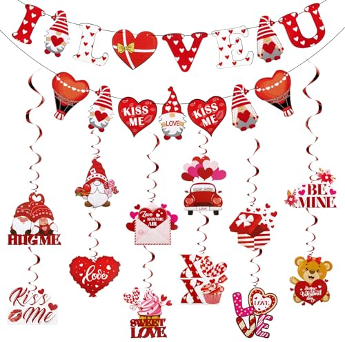 2 Stück Valentinstag Banner Girlande mit 12 Stück Hängende Wirbel Spiral Girlanden Deckenhänger für Hochzeit Geburtstag Party Valentinstag Deko