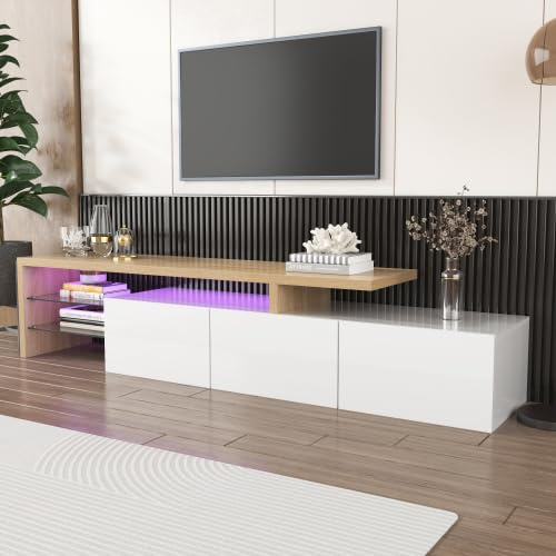 SogesHome TV Bank Modernes TV Schrank Lowboard XXL 197,5 cm Stilvolle Eleganz, praktischer Stauraum, Hochglanz, Holzoptik, Glasböden, LED-Beleuchtung, 8693WAA-W